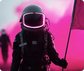 astronaut holding flag with pink smoke in the background