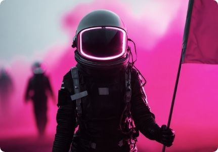 astronaut holding flag with pink smoke in the background