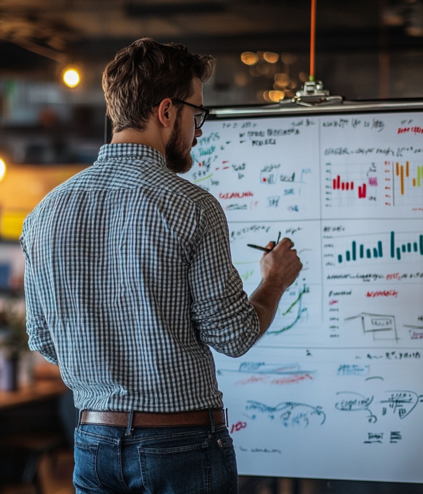 Man working on analytics on white board.